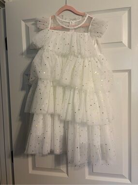 Lola + The Boys White Tiered Tulle Dress with Gold Stars